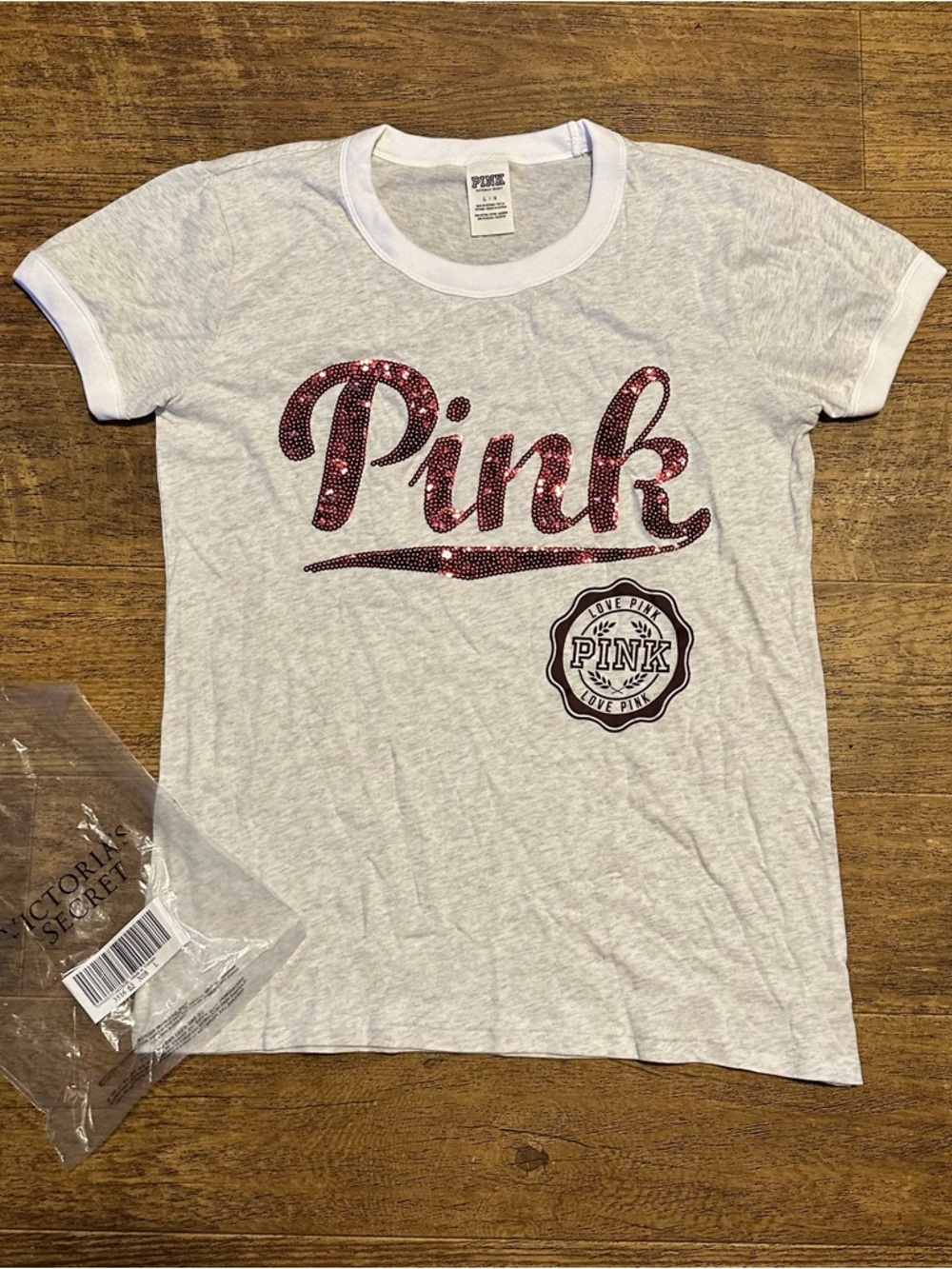 VS PINK LARGE BLING CURSIVE LOGO RINGER TEE